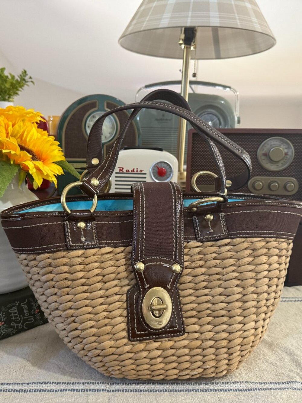 Coach Legacy 10728 Woven Straw Espresso Leather Basket Tote Bag